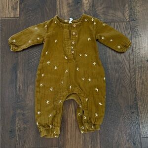 Quincy Mae Tan Baby Romper with Bird Pattern